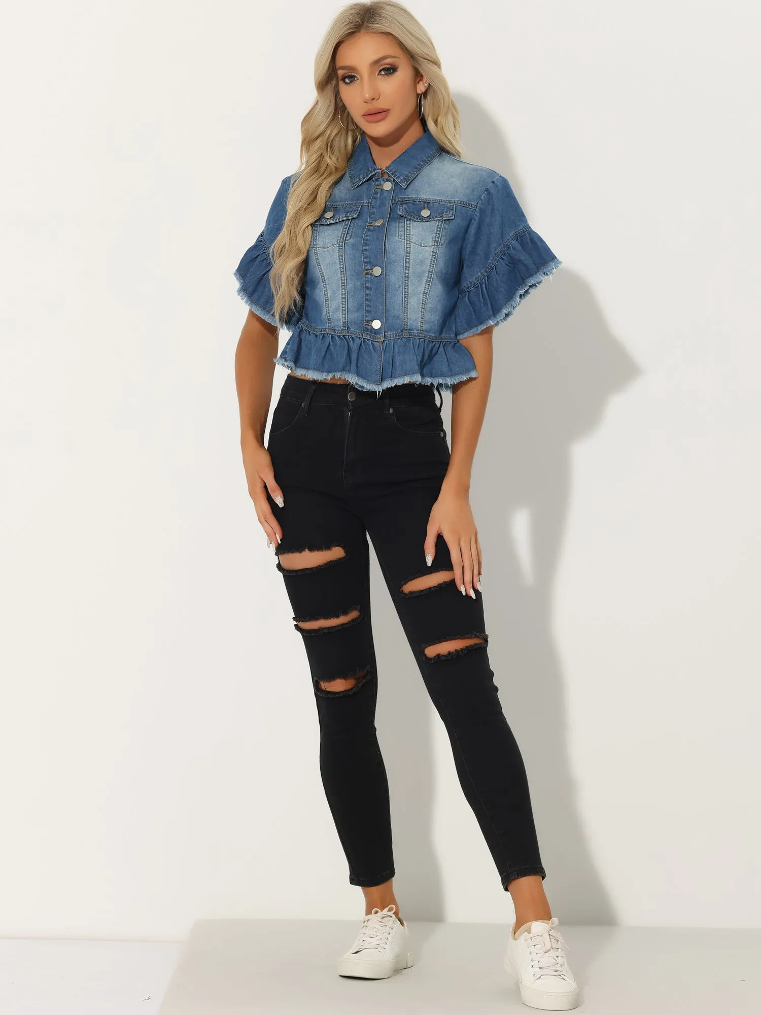 Denim Ruffled Short Sleeve Lightweight Peplum Hem Cropped Jean Jacket