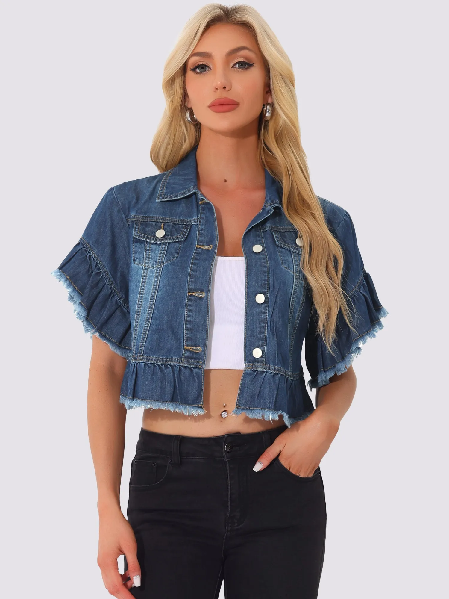 Denim Ruffled Short Sleeve Lightweight Peplum Hem Cropped Jean Jacket