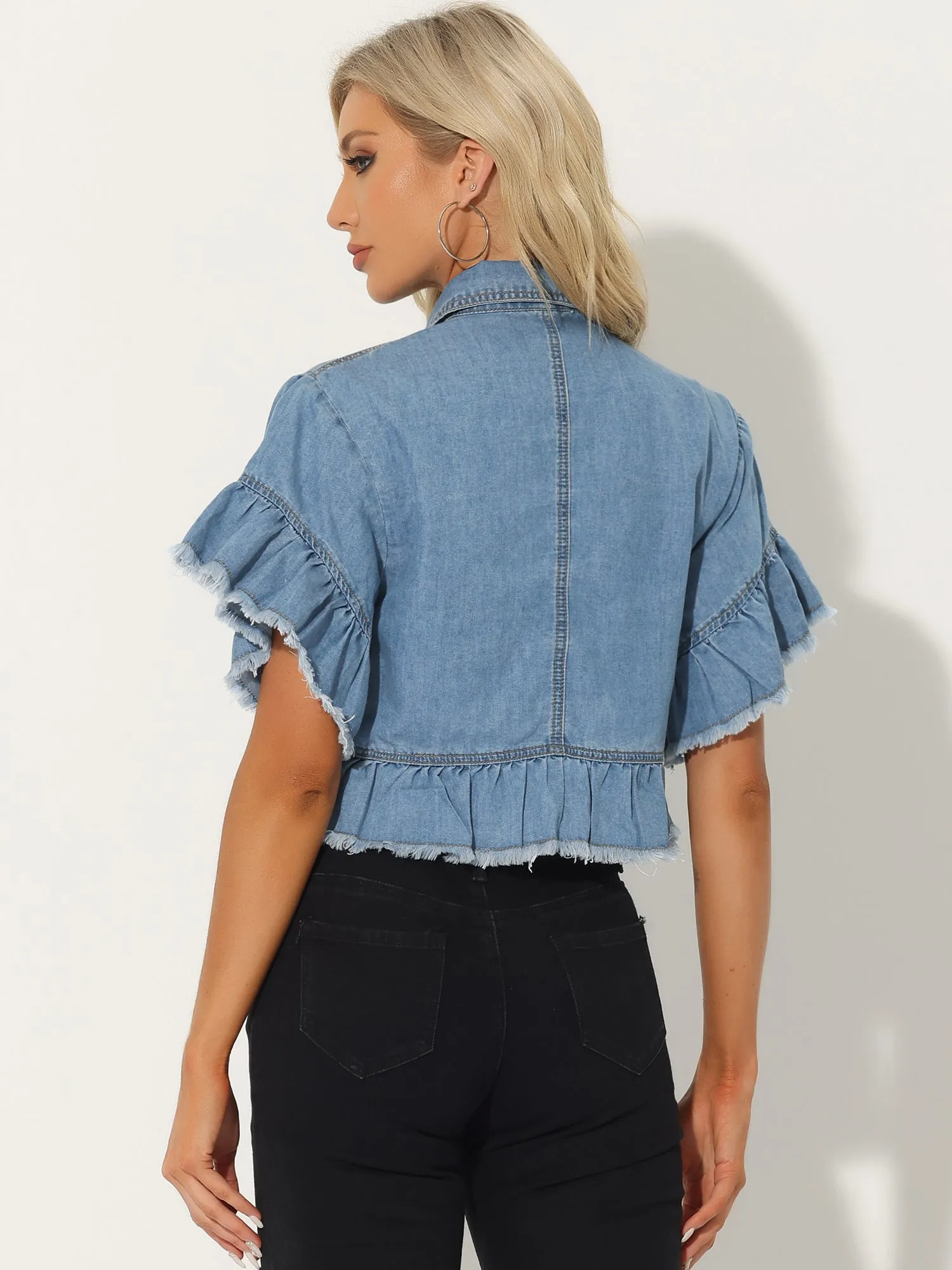 Denim Ruffled Short Sleeve Lightweight Peplum Hem Cropped Jean Jacket