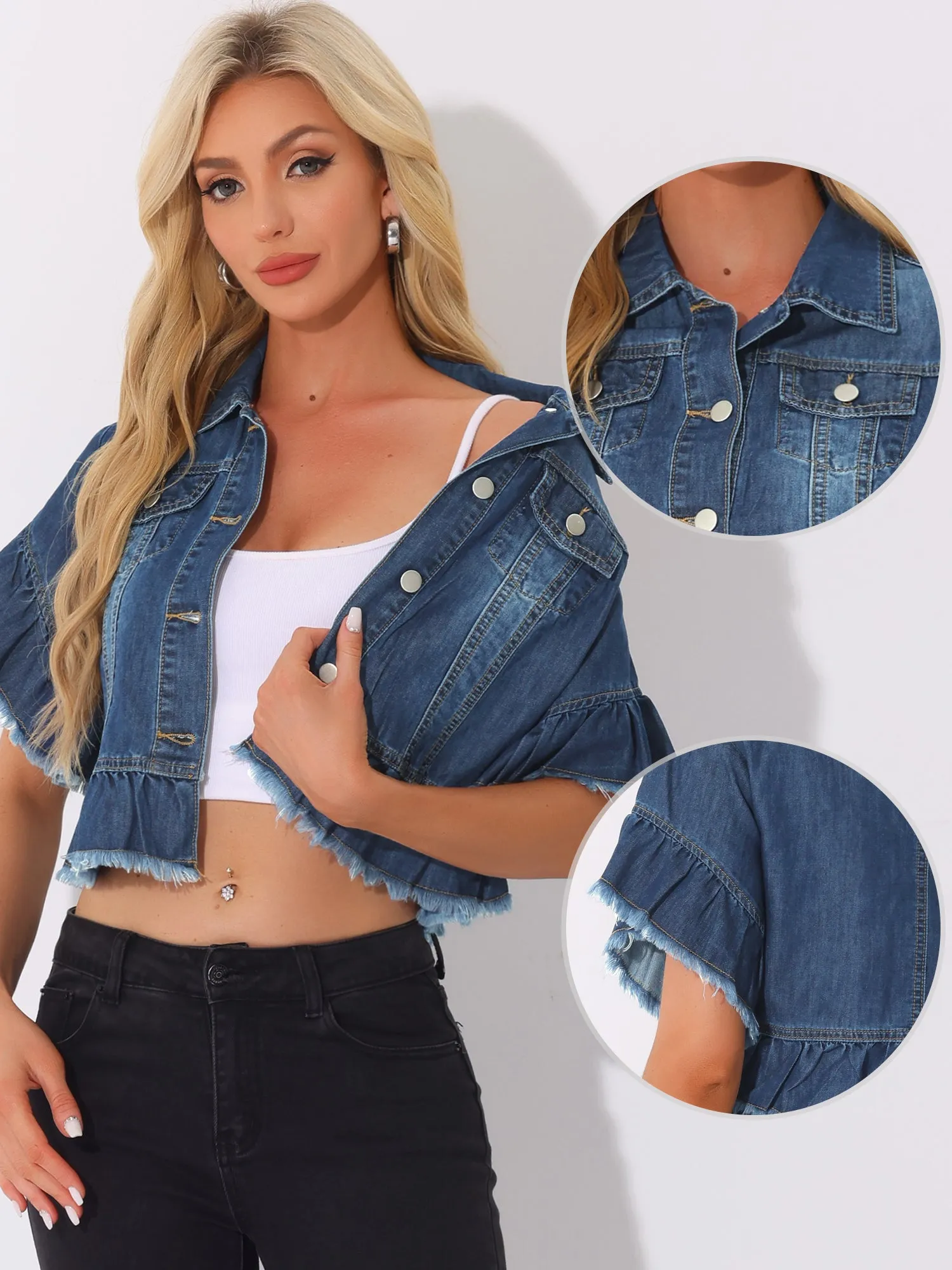 Denim Ruffled Short Sleeve Lightweight Peplum Hem Cropped Jean Jacket