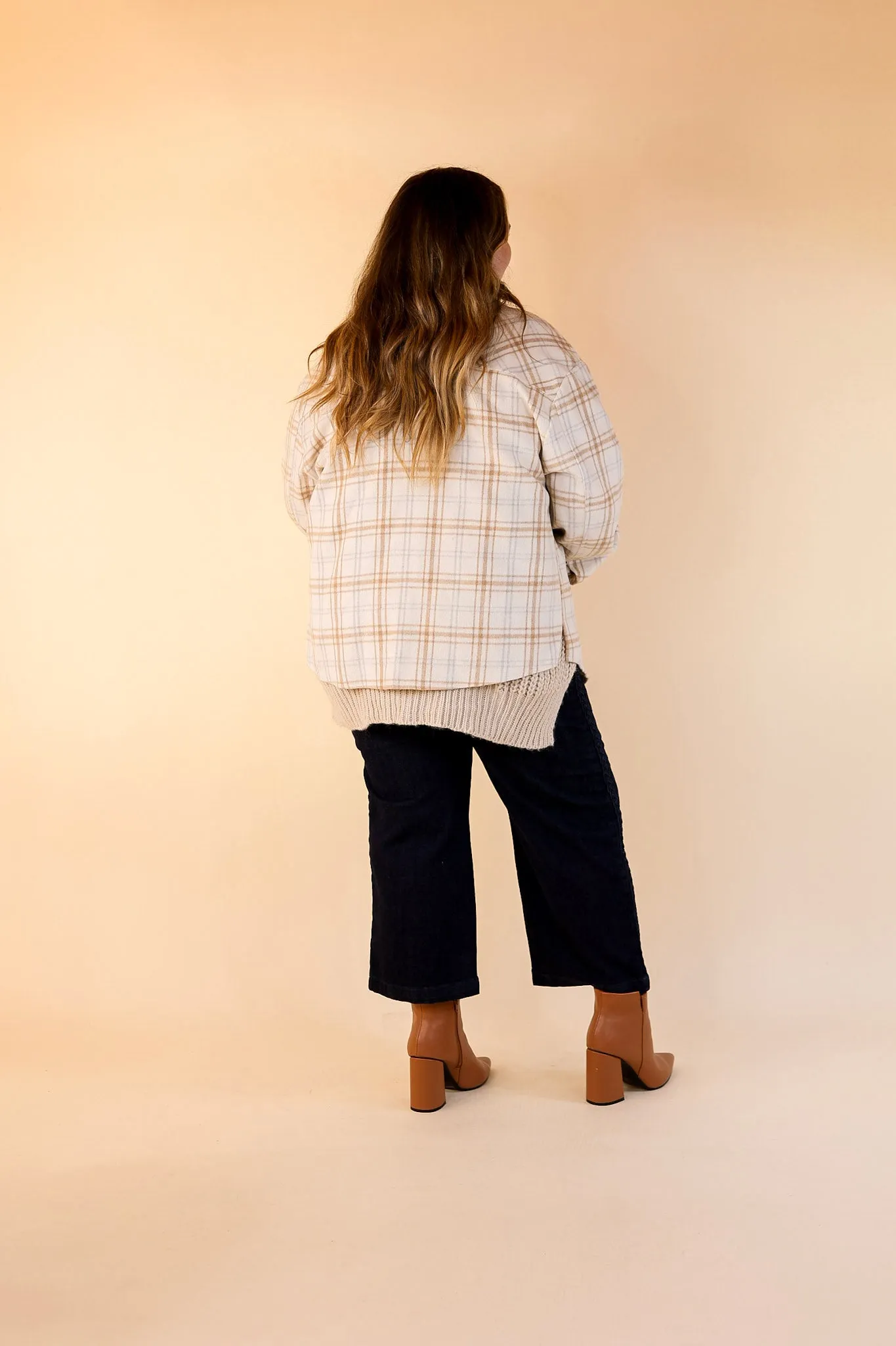 Endless Nights Button Up Plaid Shacket with Pockets in Ivory