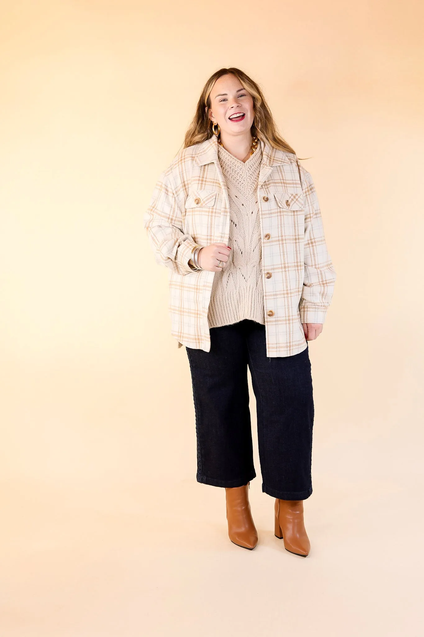 Endless Nights Button Up Plaid Shacket with Pockets in Ivory