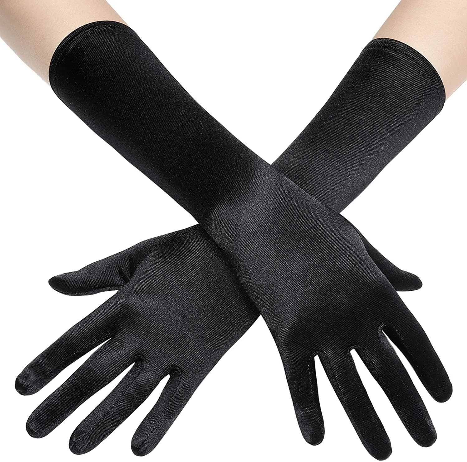 Fancydresswale hand Gloves for women for parties, long colourful satin hand cover 38 cm; Black