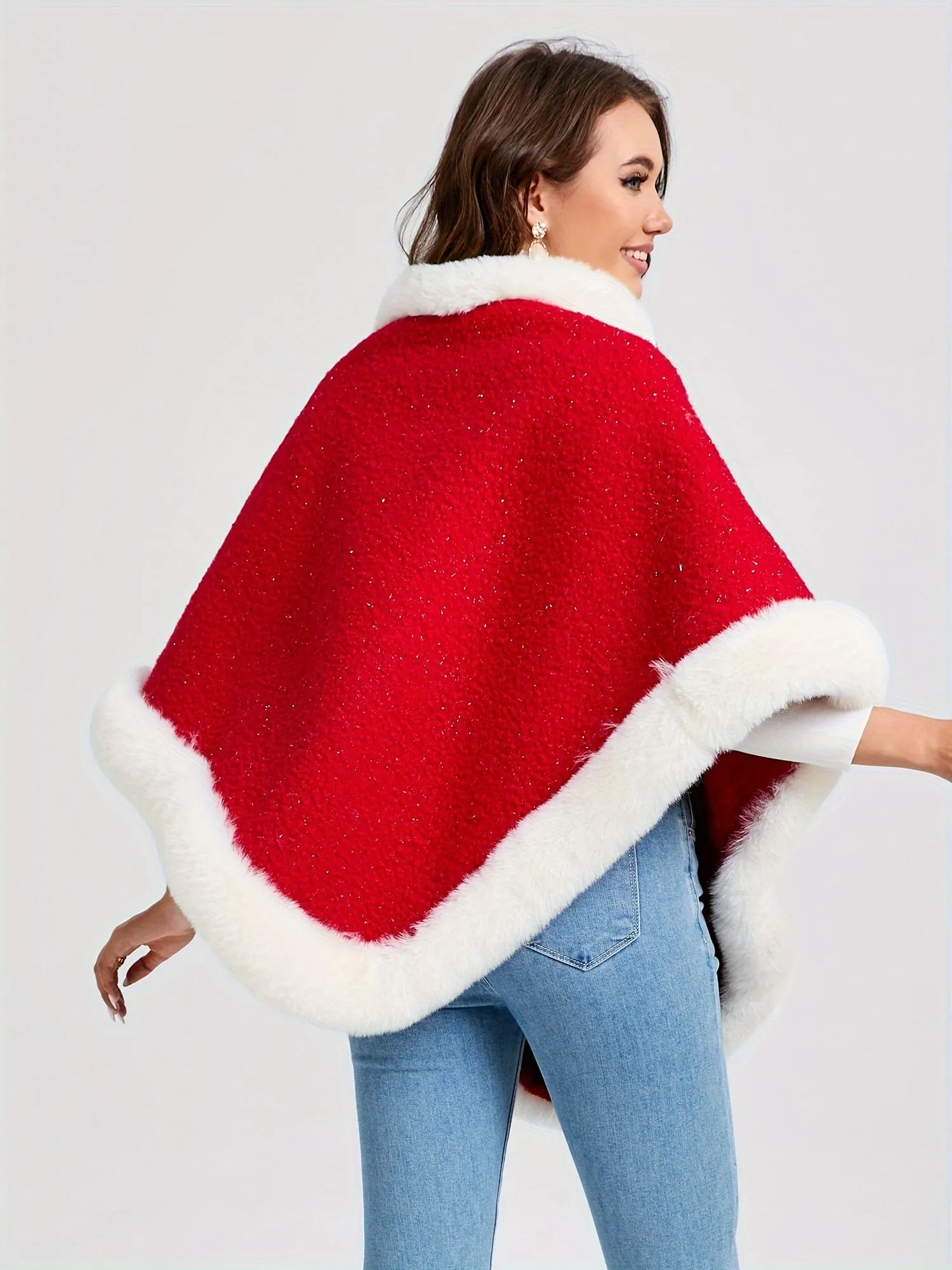 For Fall & Winter, Fuzzy Trim Color Block Poncho Christmas Thermal Crew Neck Sweater, Women's Clothing, Hanky Hem