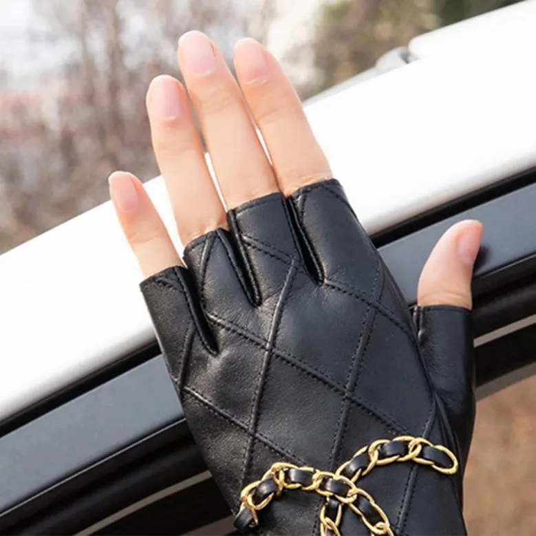 Genuine Leather Half Gloves with Metal Chain