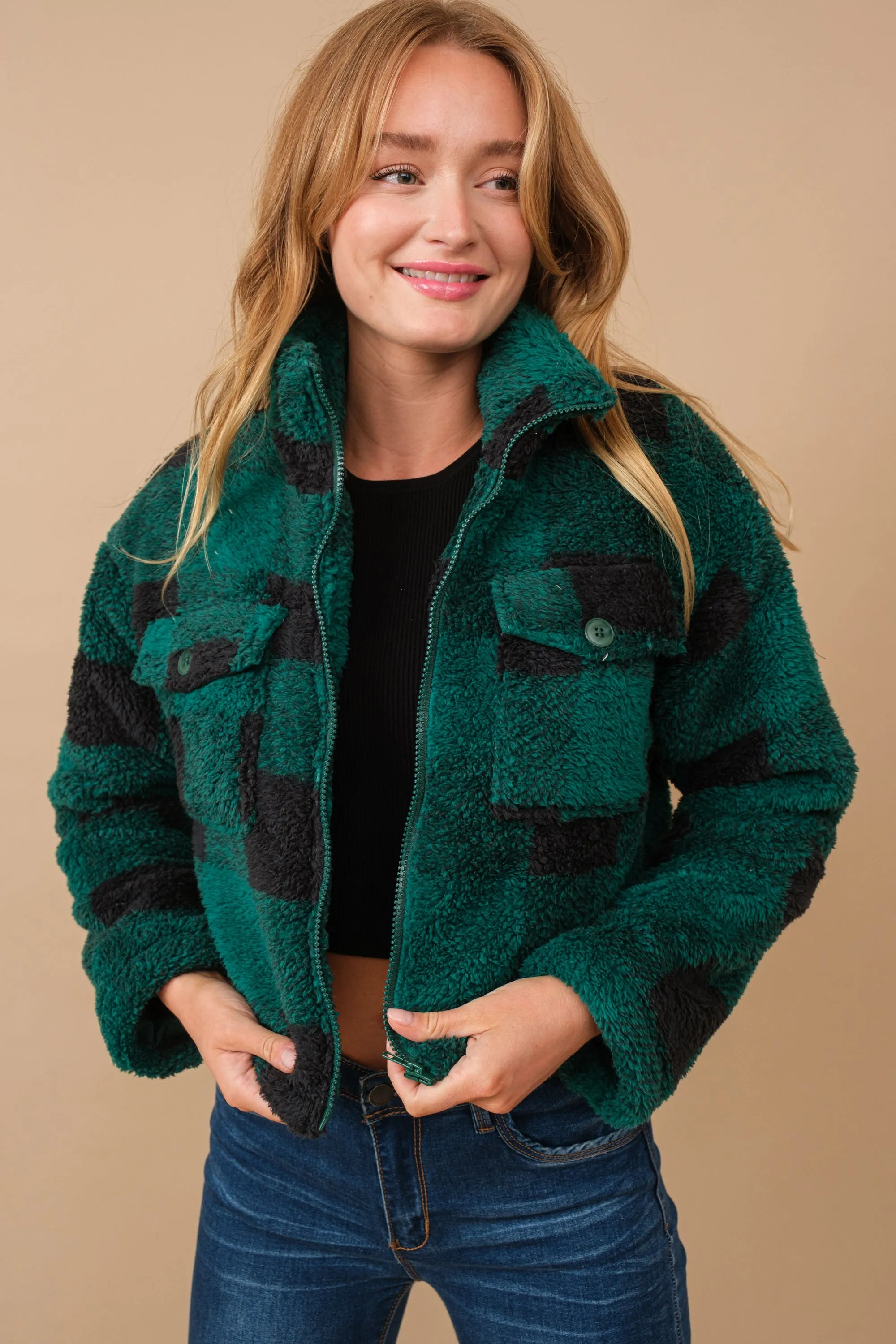 Green Flannel Sherpa Zip Up Jacket