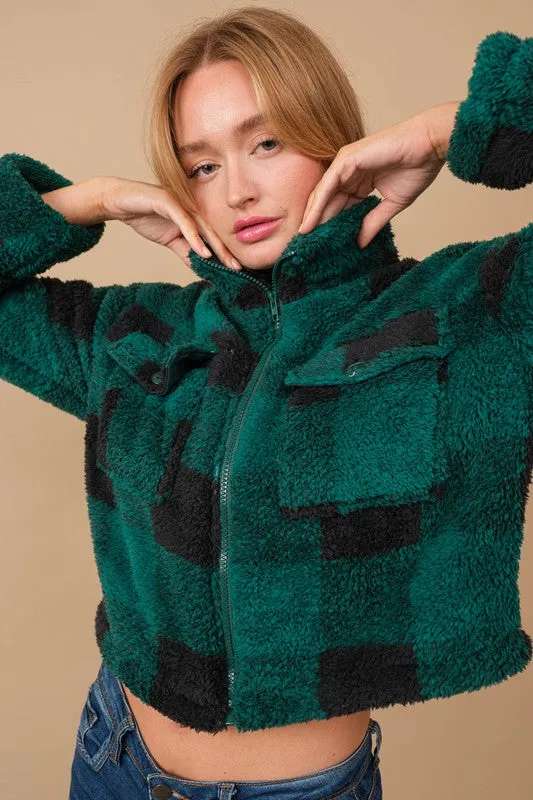 Green Flannel Sherpa Zip Up Jacket