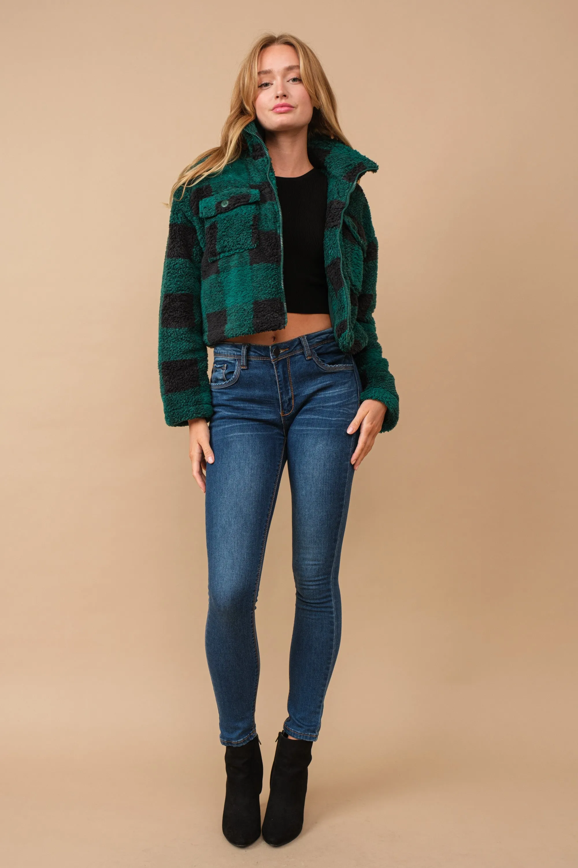 Green Flannel Sherpa Zip Up Jacket