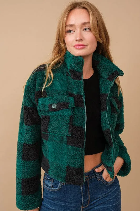 Green Flannel Sherpa Zip Up Jacket