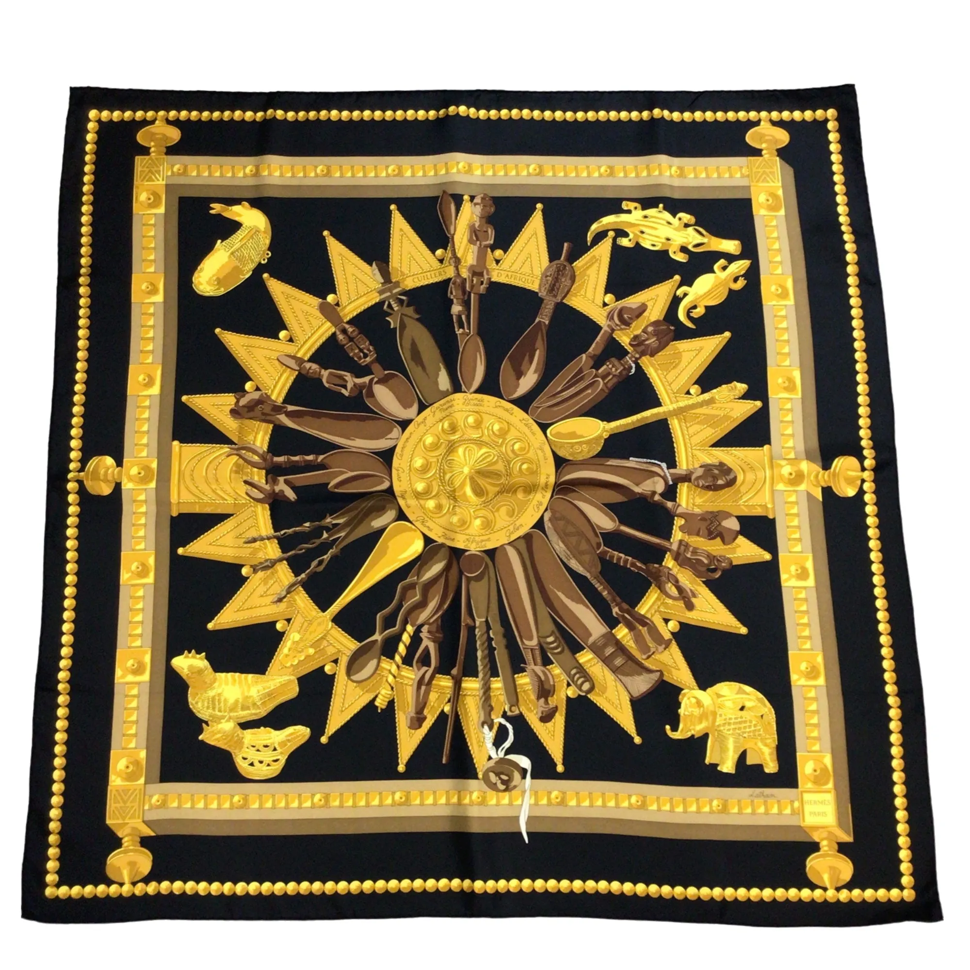 Hermes Black / Gold Cuillers d'Afrique Square Silk Twill Scarf