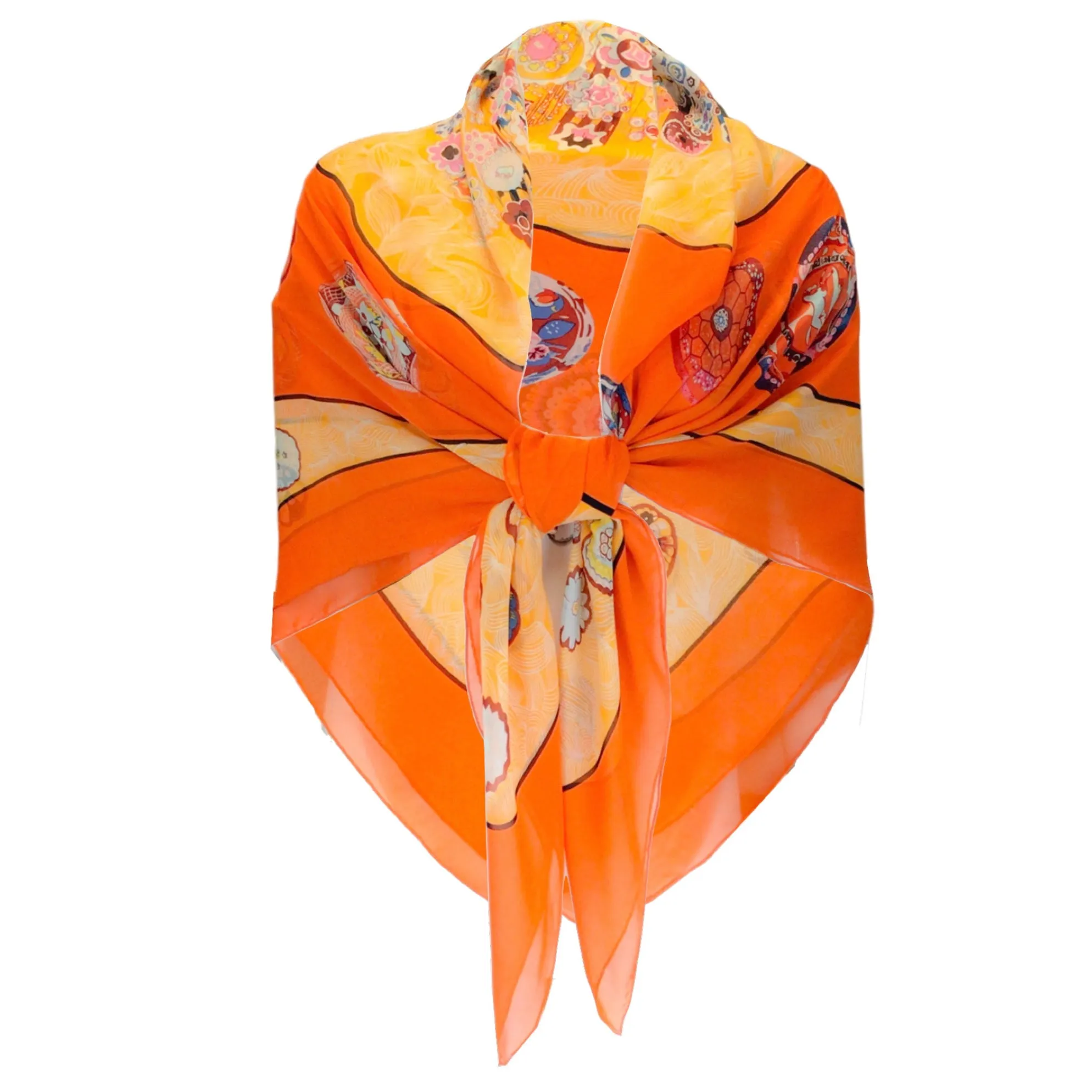 Hermes Orange Multi Sulfures Printed Large Square Shawl / Scarf / Wrap