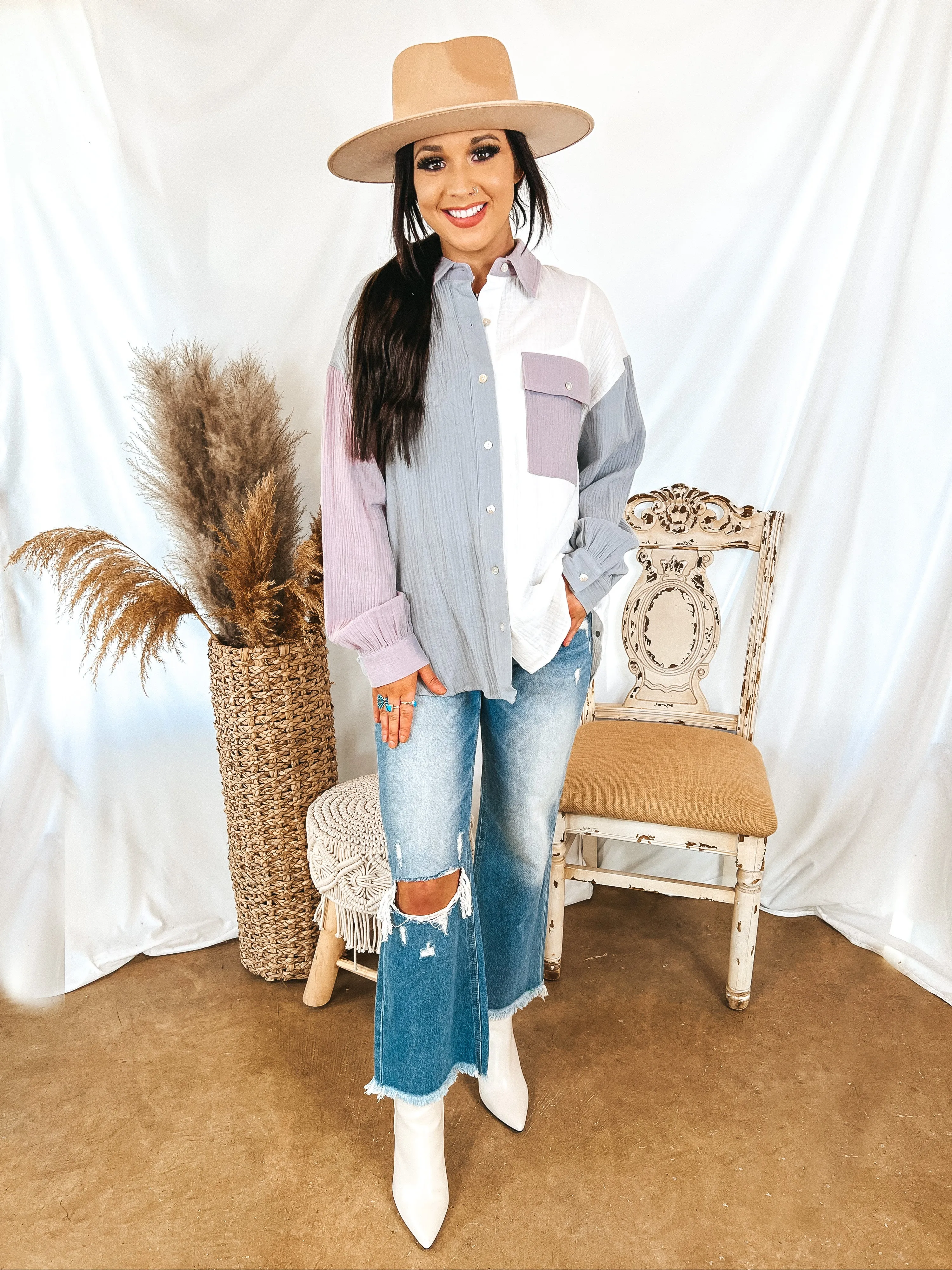 Highly Requested Button Up Color Block Top in Dusty Blue and Purple