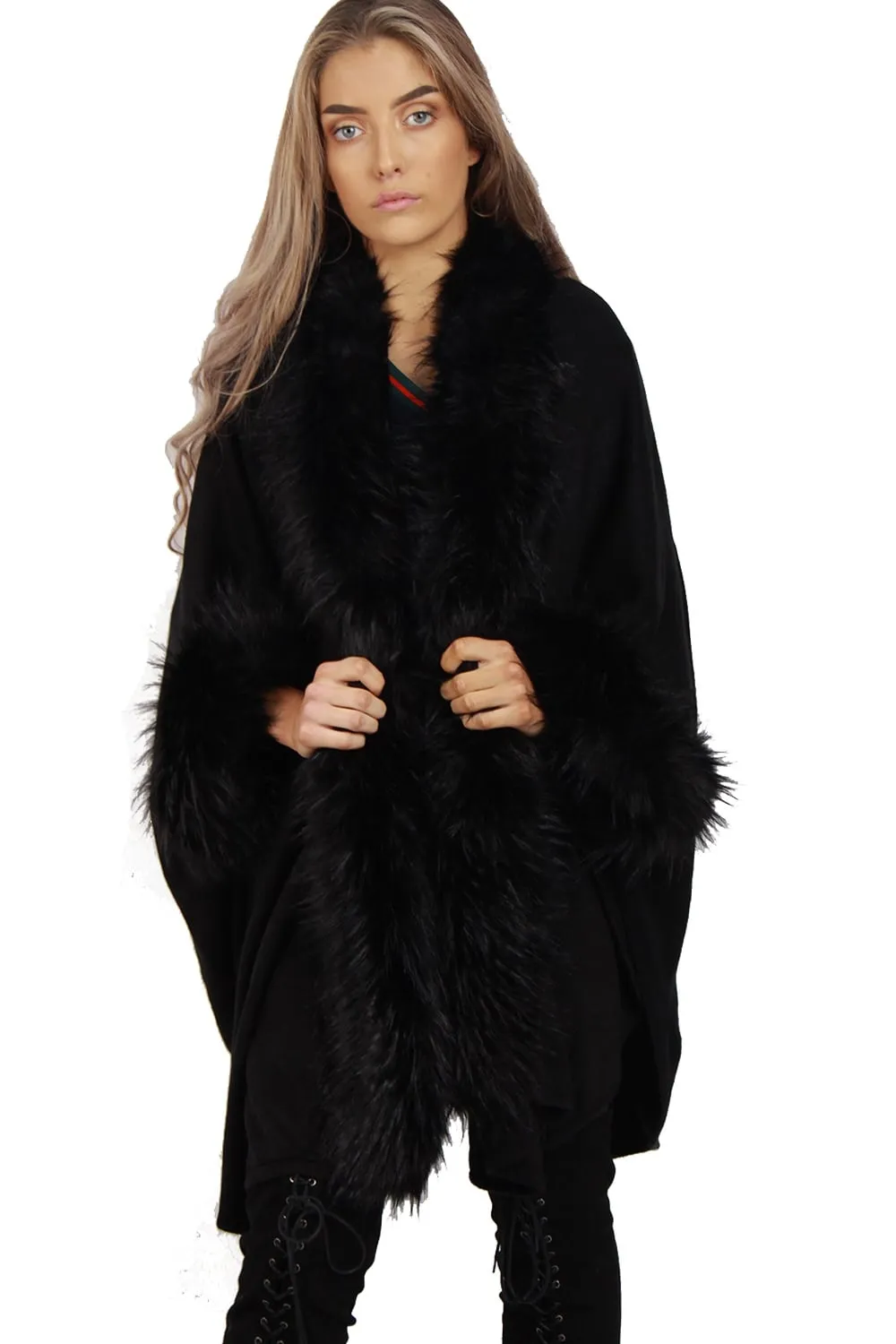 Knitted Faux Fur trim sleeve Poncho Cape