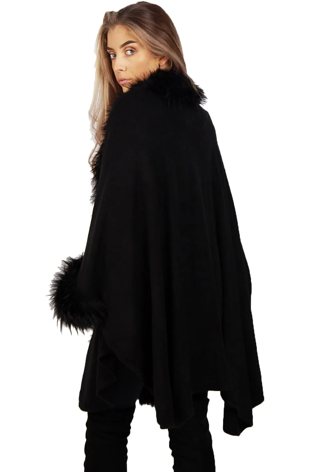 Knitted Faux Fur trim sleeve Poncho Cape