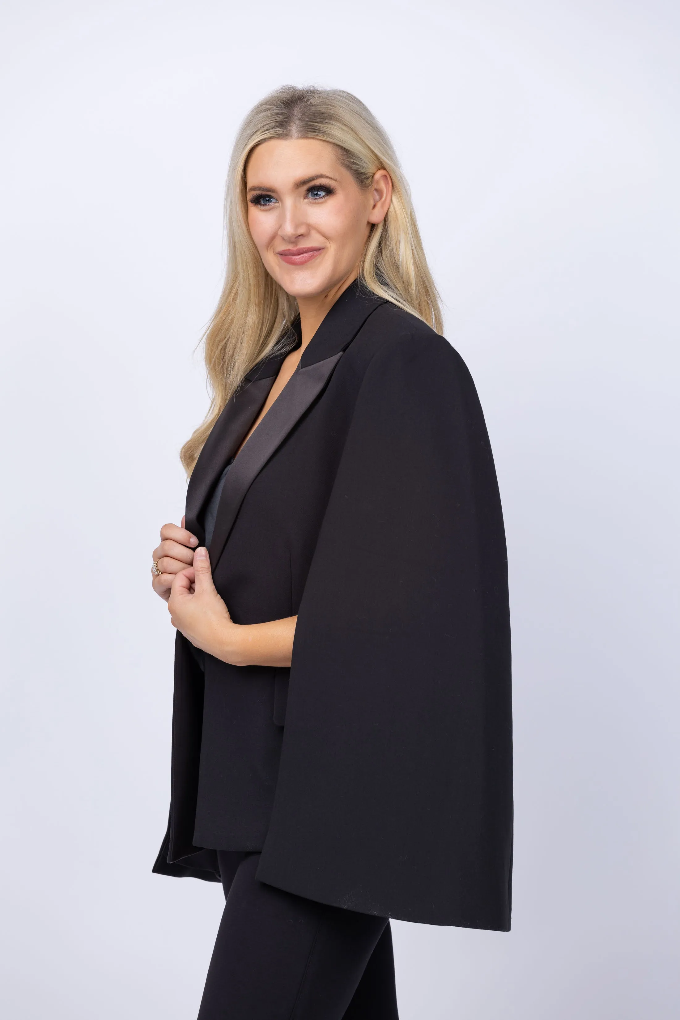 L'AGENCE Christina Satin Lapel Cape in Black Black