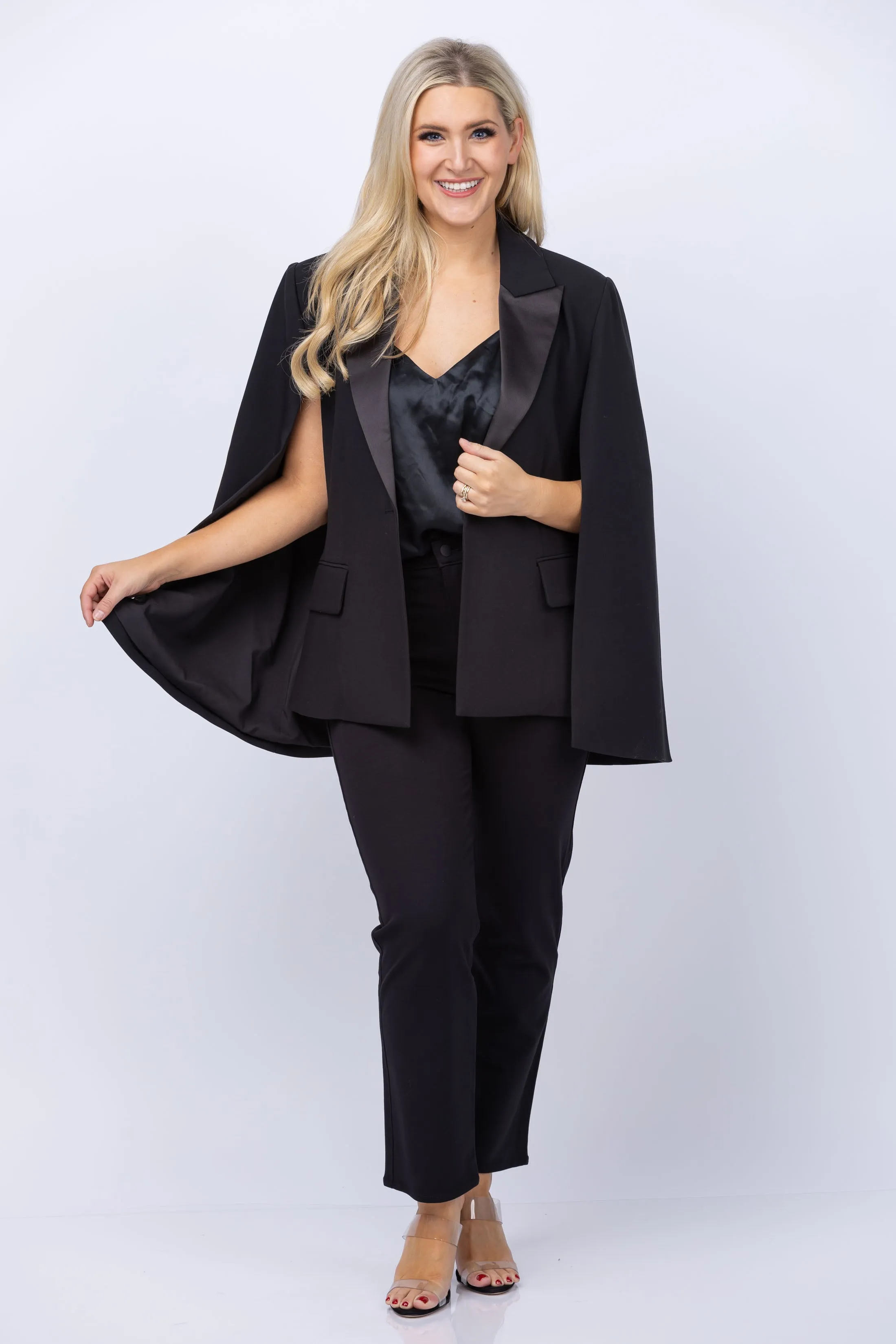 L'AGENCE Christina Satin Lapel Cape in Black Black