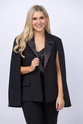 L'AGENCE Christina Satin Lapel Cape in Black Black