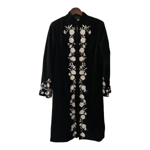 Laura Ashley Full Length Black Velvet Coat with Embroidered Flowers UK Size 12