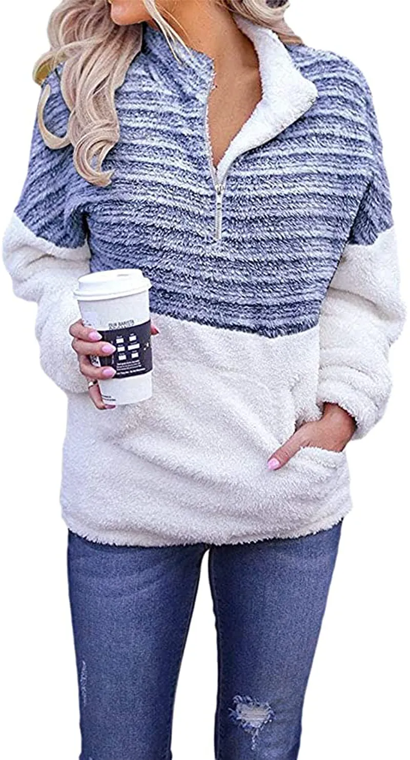 Les umes Women's Half Zip Sherpa Sweatshirt Fuzzy Fleece Pullover Casual Long Sleeve Plus Size Outwear Coats Tops