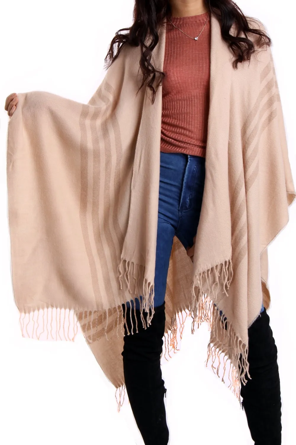 Light Beige Striped Blanket Cape with Tassels