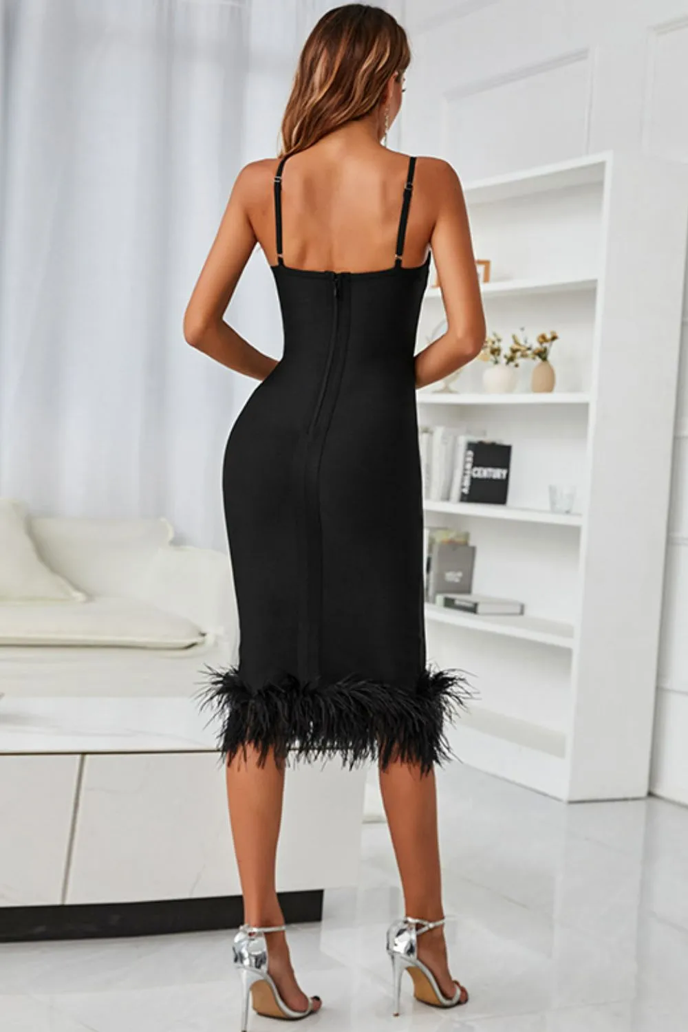 Like A Ray Of Sun Spaghetti Strap Feather Trim Bodycon Dress