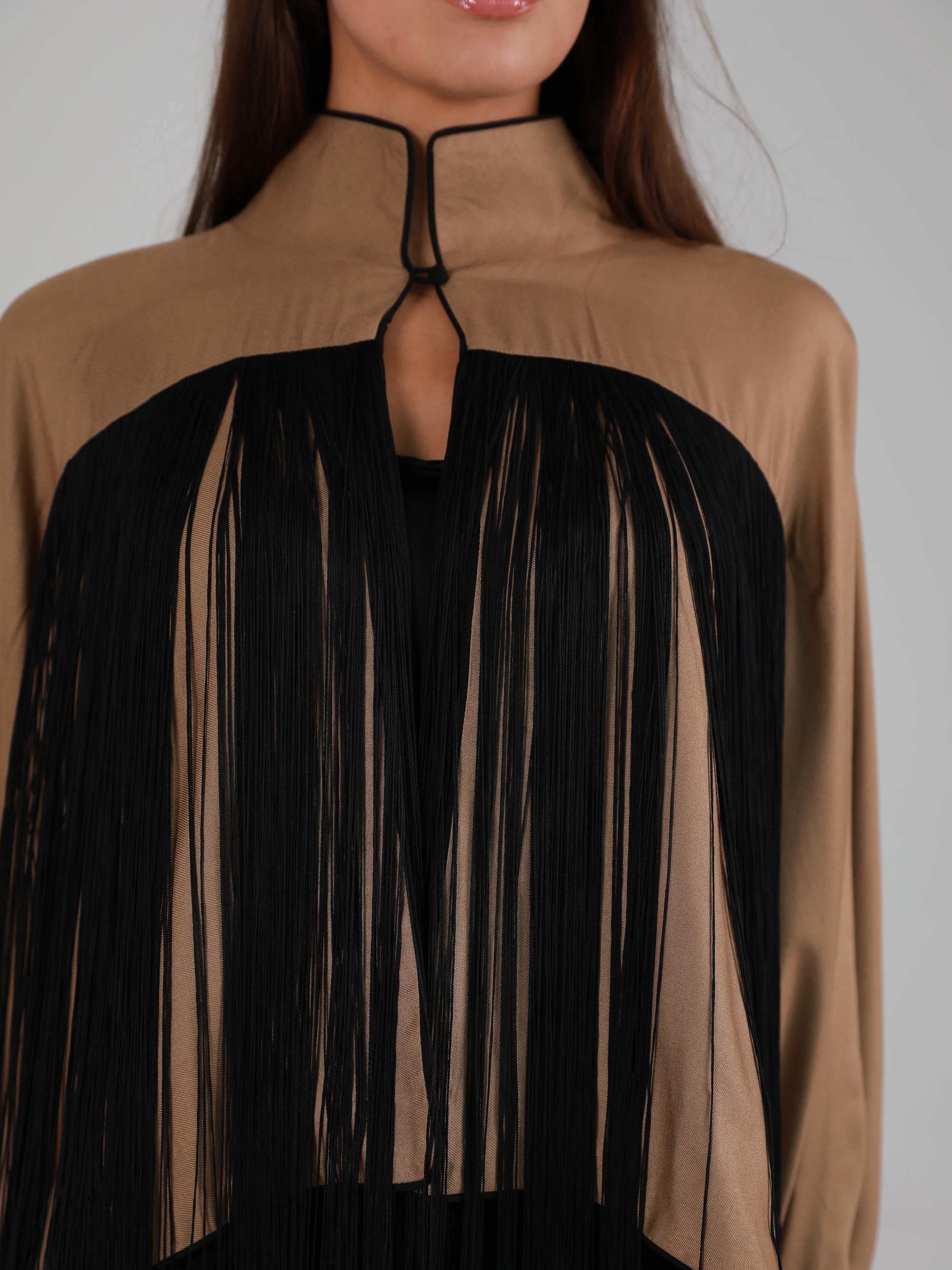 Long-Sleeve High Mandarin Collar Fringed Cape - Khaki