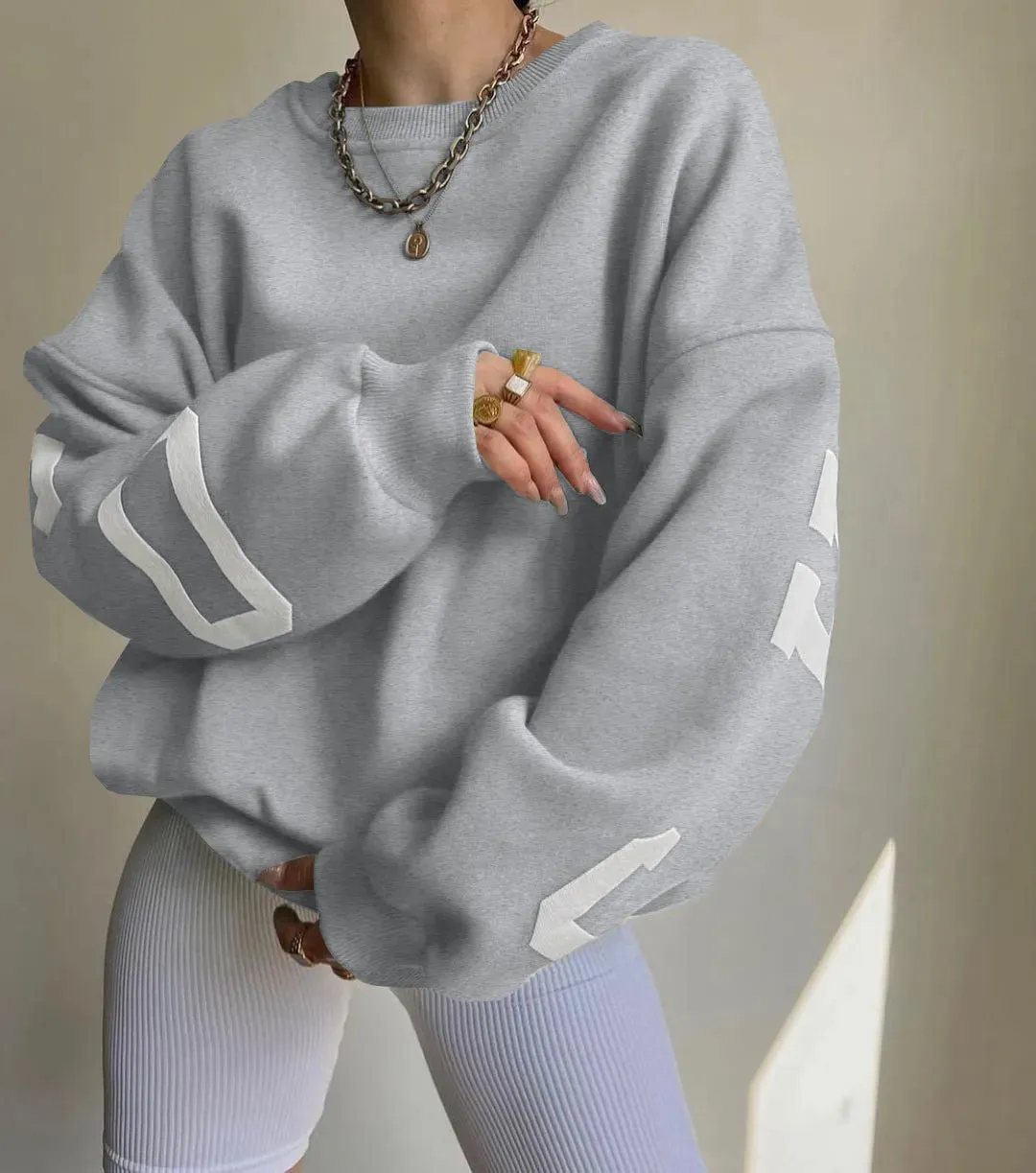 Loose comfy cropped printed sweatshirt loose pullover fall sweatshirt