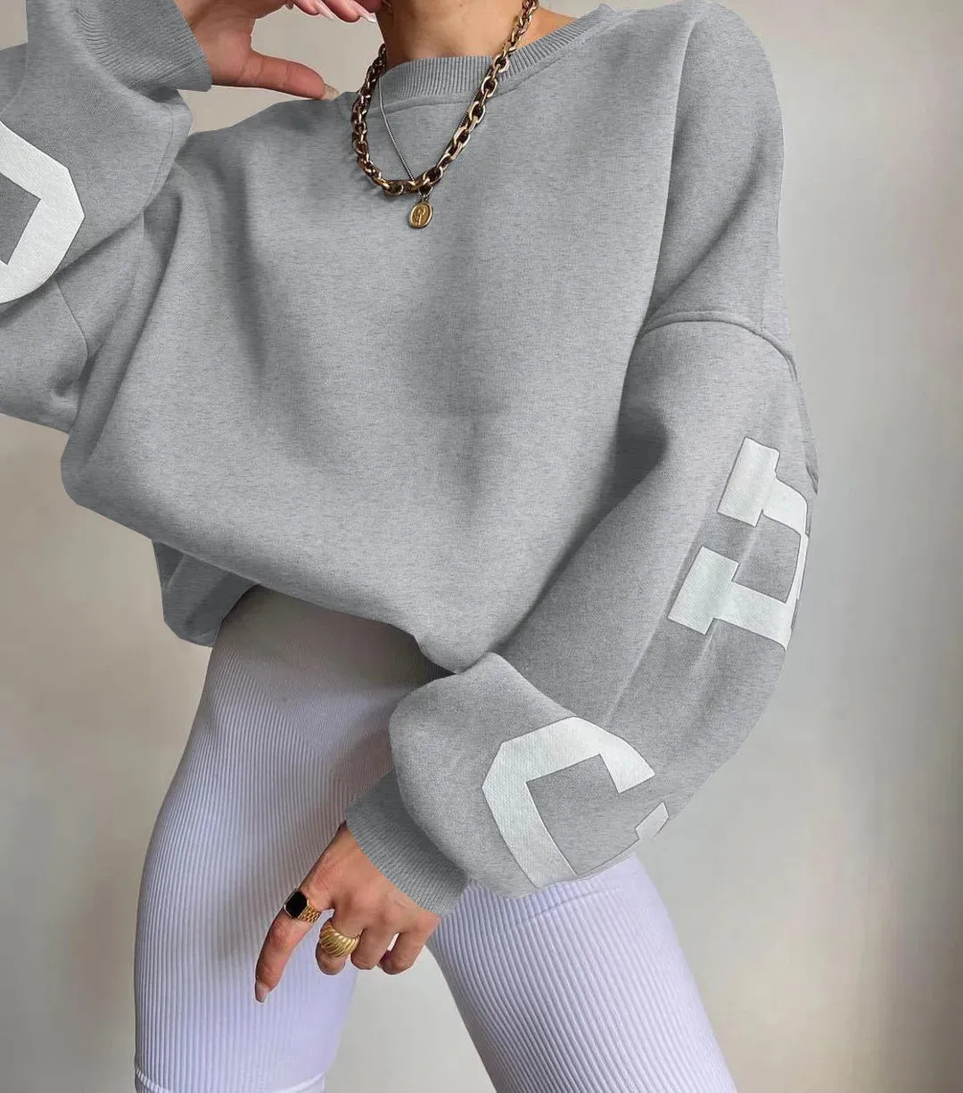 Loose comfy cropped printed sweatshirt loose pullover fall sweatshirt