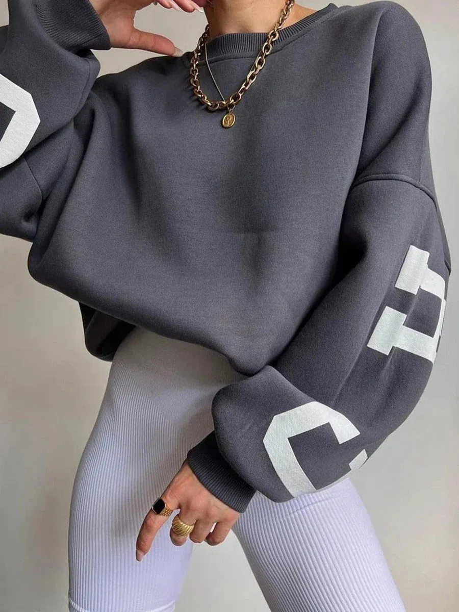 Loose comfy cropped printed sweatshirt loose pullover fall sweatshirt