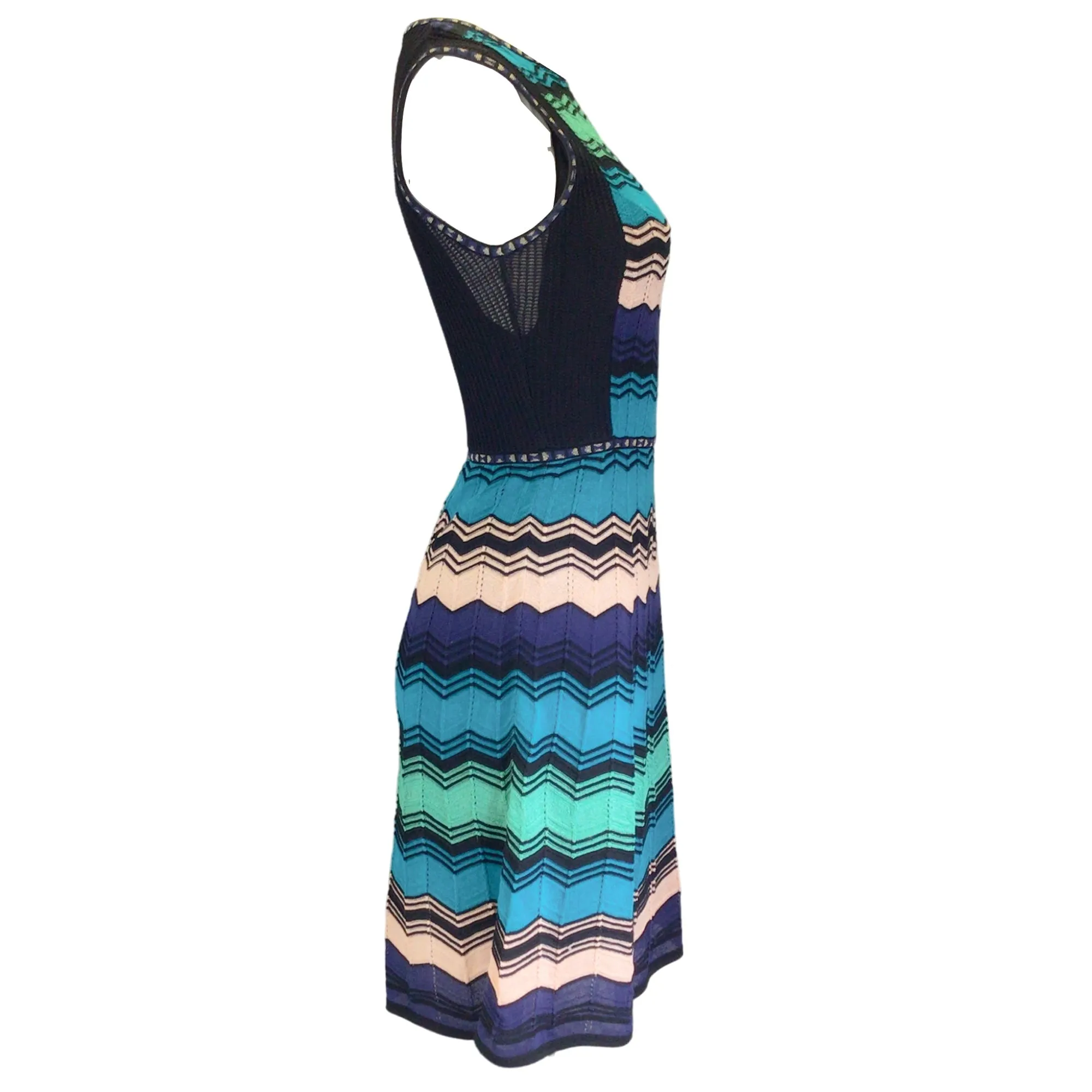 M Missoni Black / Teal Multi Zig Zag Knit Sleeveless Dress