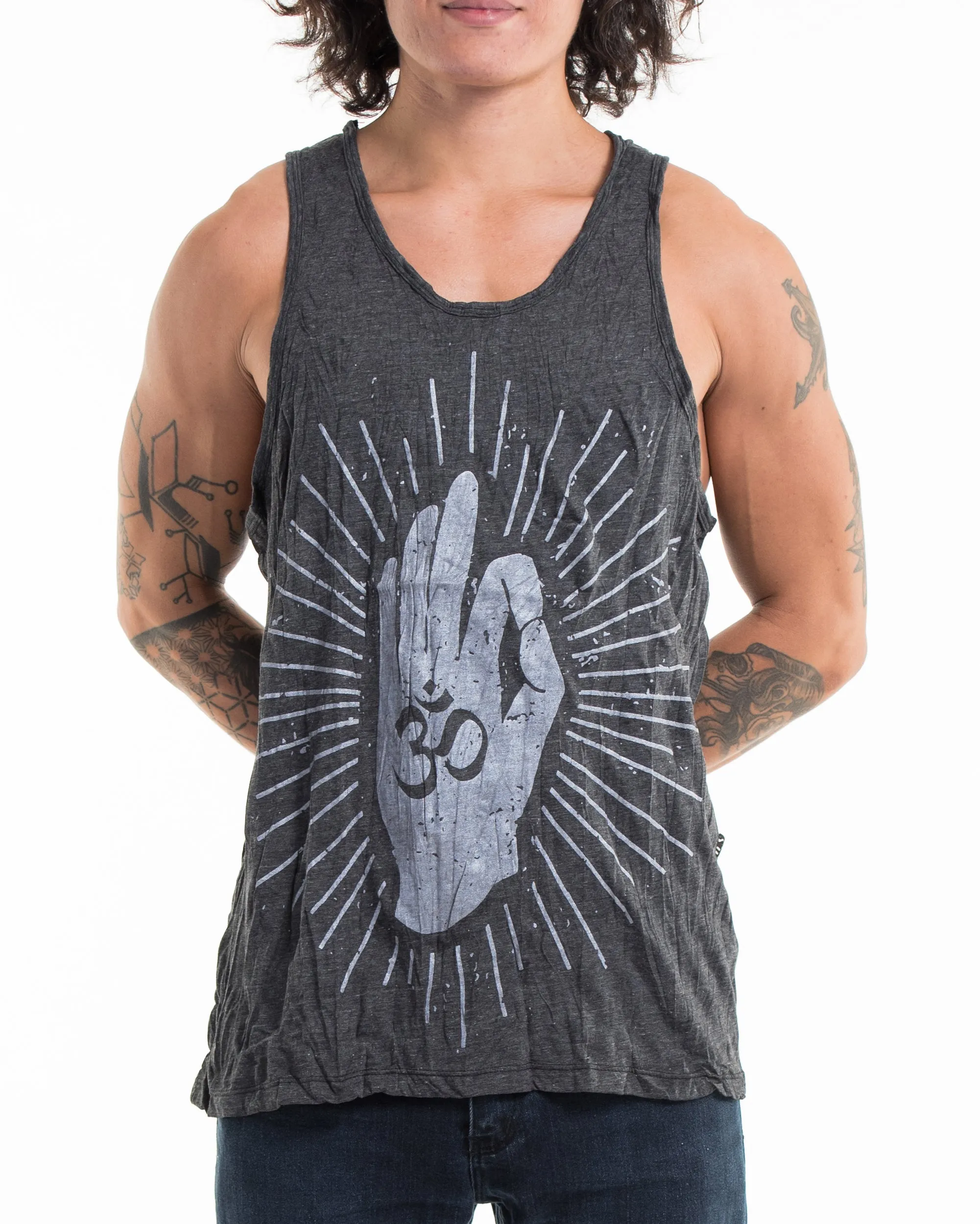 Mens Hand of Om Tank Top in Silver on Black