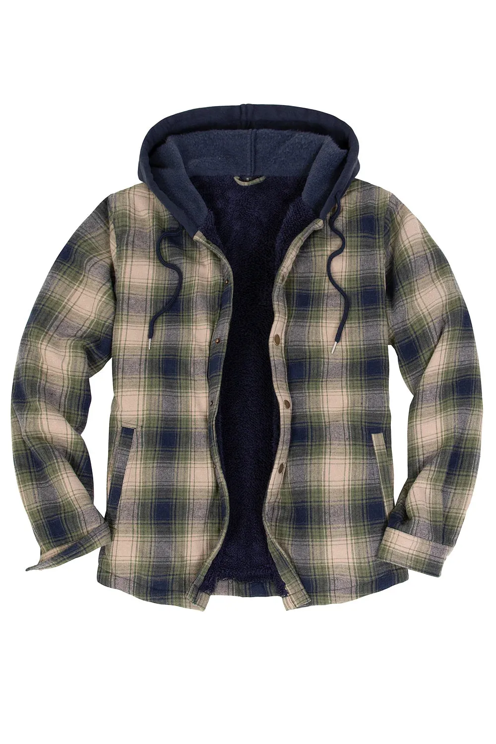 Men's Hooded Flannel Shirt Jacket,Snap Front,Sherpa-Lined Plaid