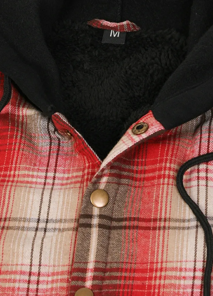 Men's Hooded Flannel Shirt Jacket,Snap Front,Sherpa-Lined Plaid