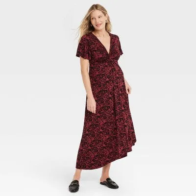 New - Short Sleeve Knit Midi Maternity Dress - Isabel Maternity by Ingrid & Isabel Black Floral M