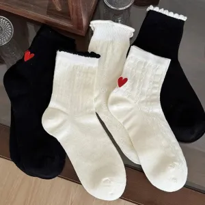 One Pair of Frilly Socks With Heart Pattern | Cute Crew Socks | Causal Socks