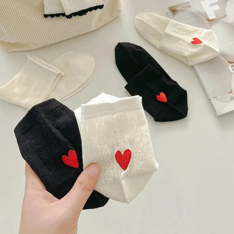 One Pair of Frilly Socks With Heart Pattern | Cute Crew Socks | Causal Socks