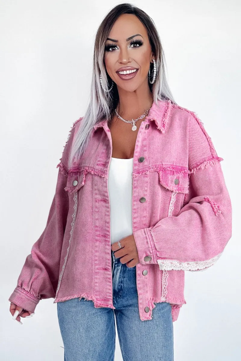 Pink Distressed Lace Denim Jacket