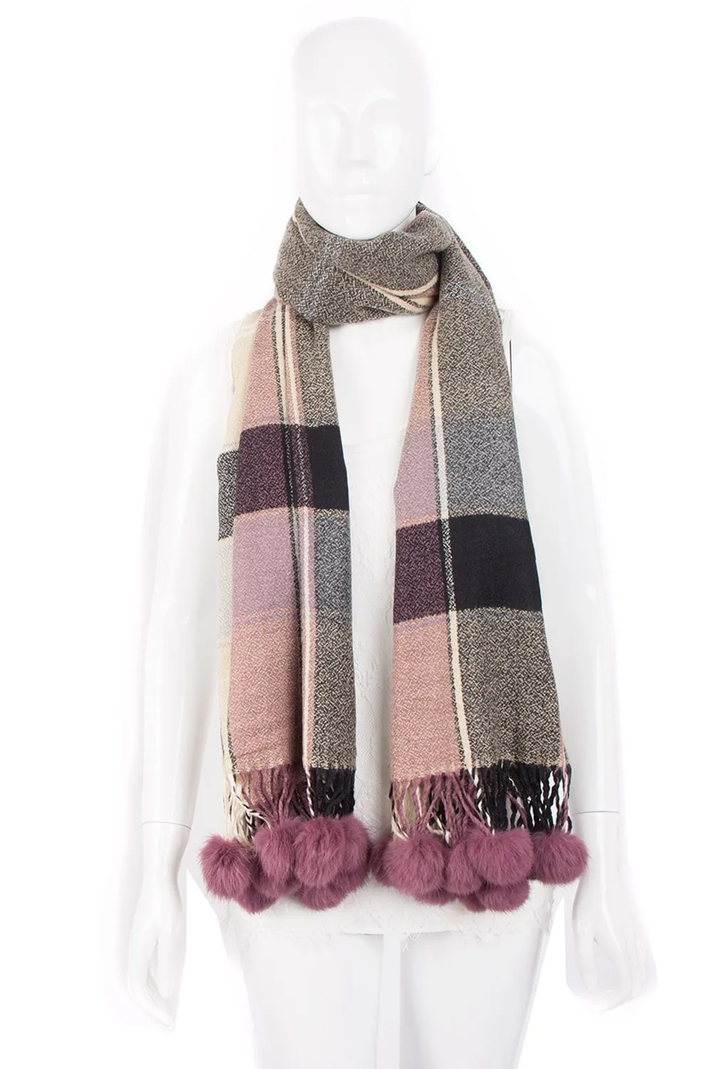 Pink Tassel Trim Rabbit Fur Pom Pom Check Tartan Scarf