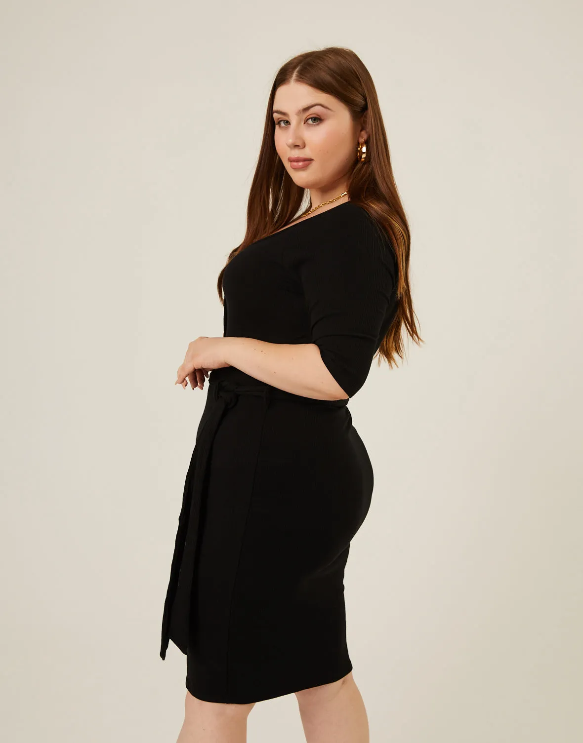 Plus Size Tie Belt Bodycon Dress