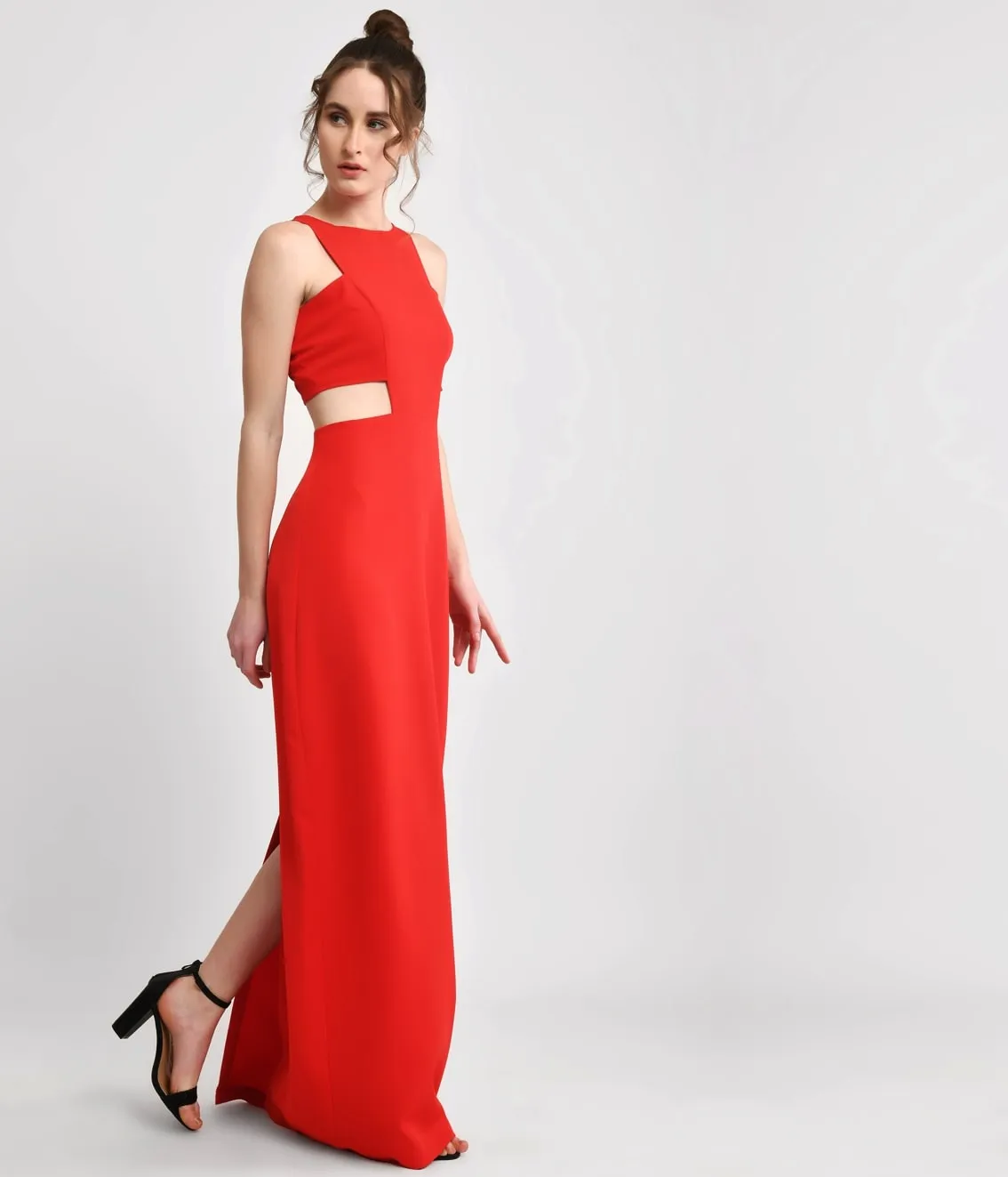 Red Hot Waist Cut-out Long Sheath Dress