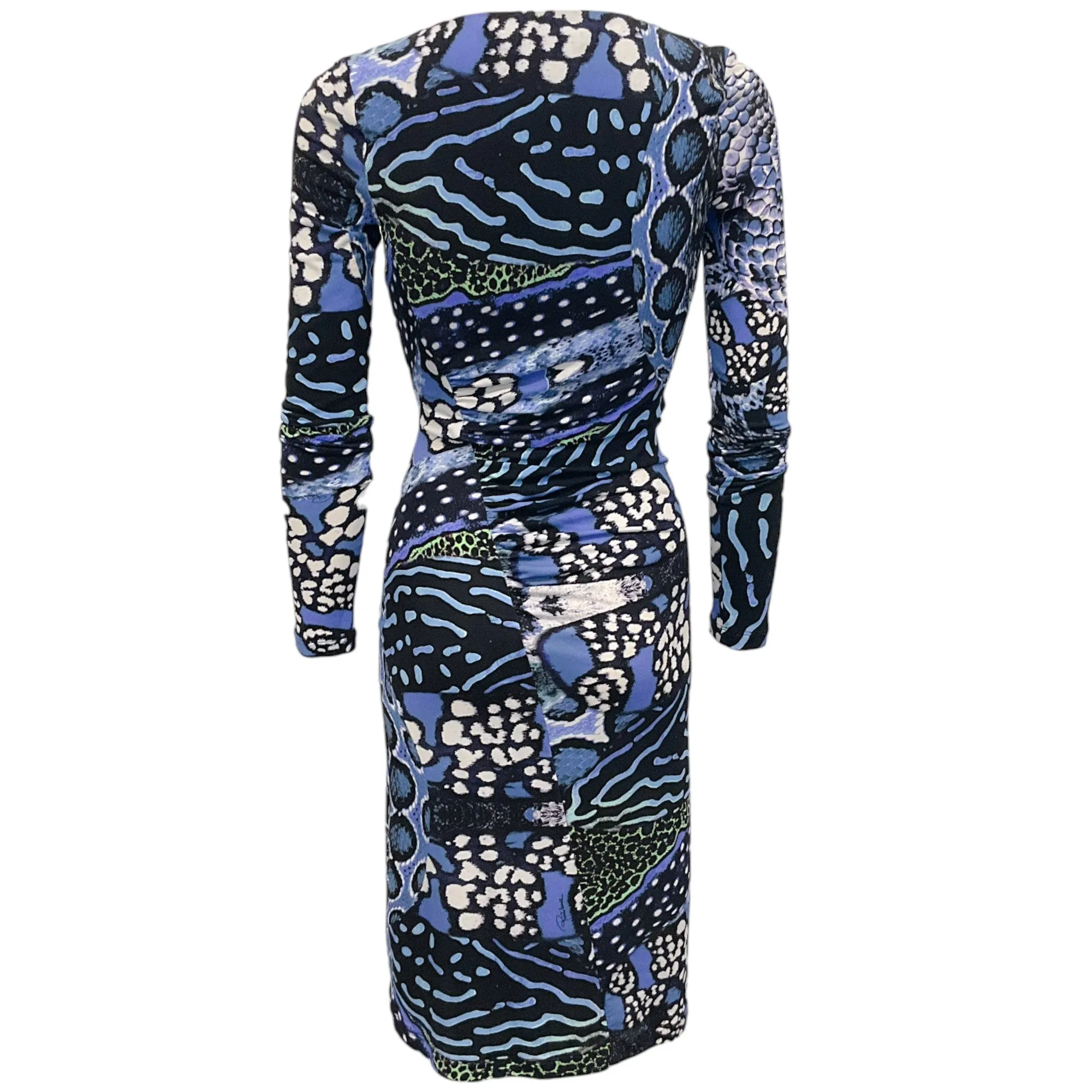 Roberto Cavalli Blue Multi Print Ruched Bodycon Dress