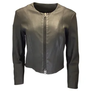 Shari's Place Graphite Cropped Round Neck Full Zip Leather Jacket