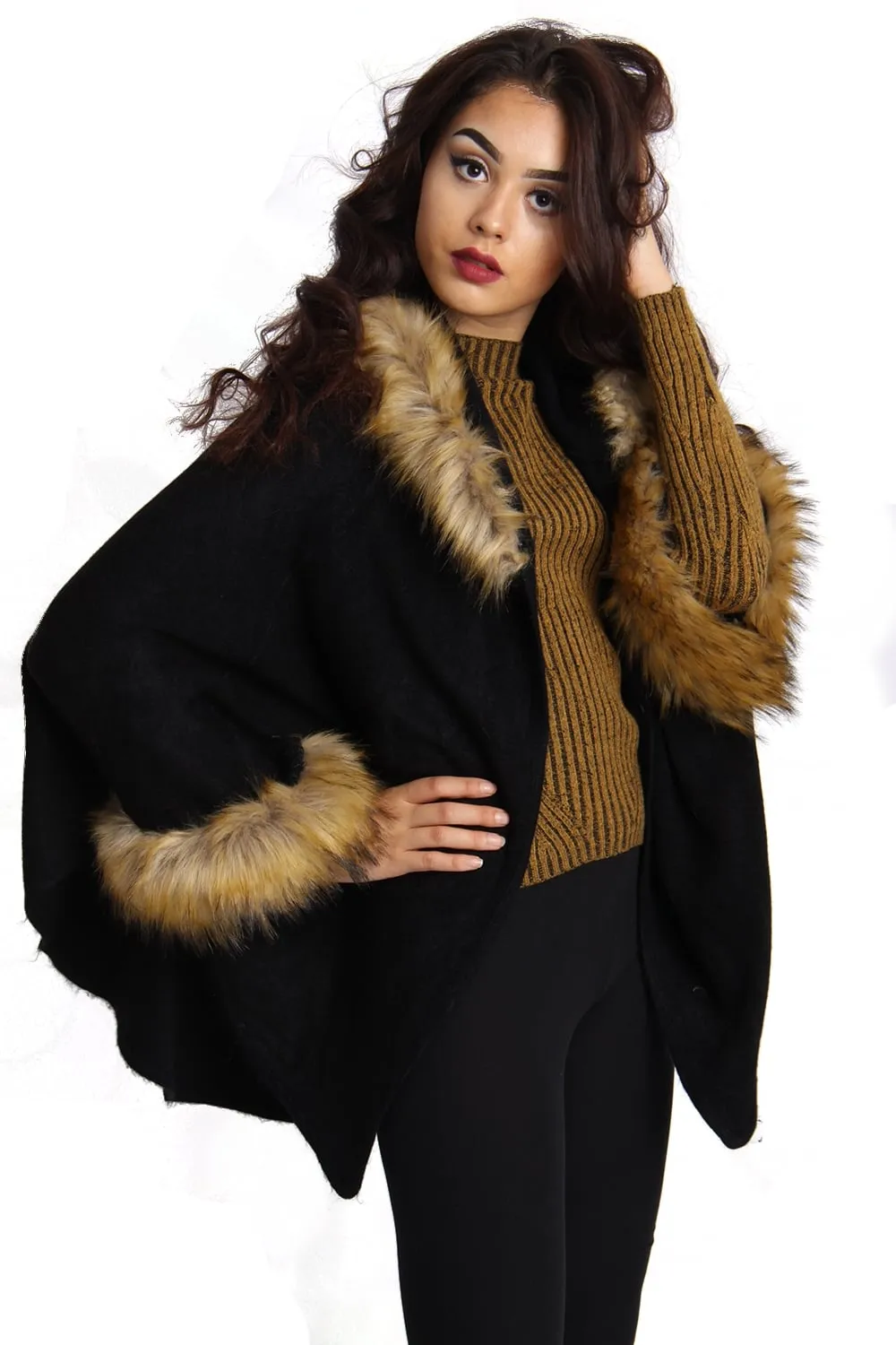 Short Faux Fur Cape With Sleeves