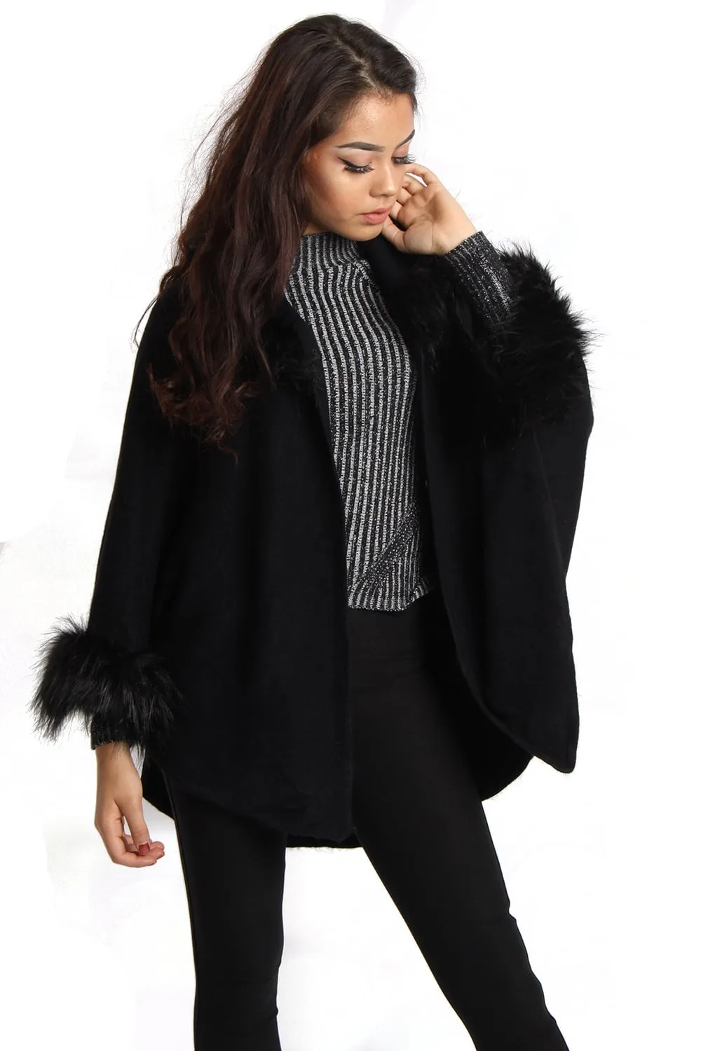 Short Faux Fur Cape With Sleeves