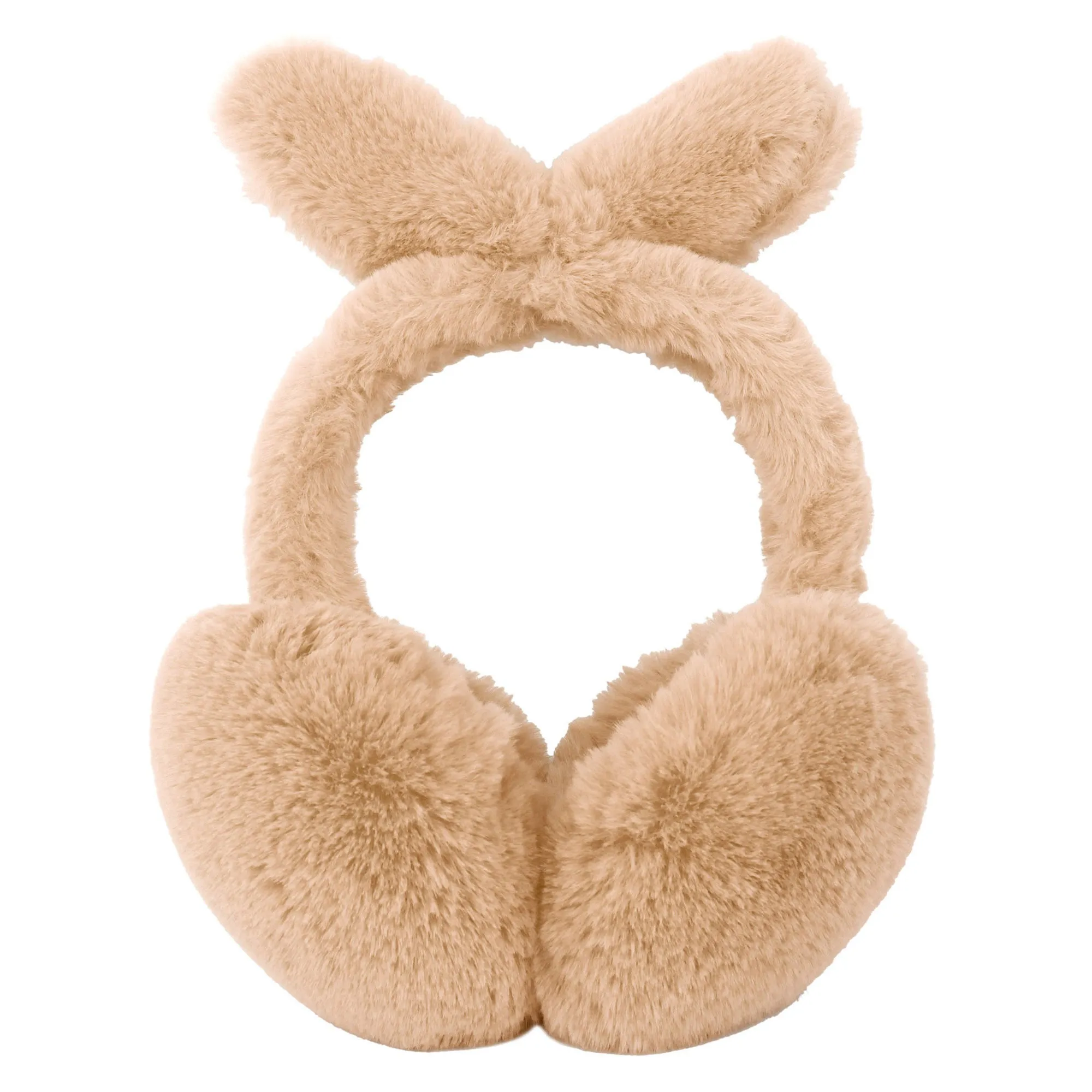 Simplicity Women's Earmuffs Plush Bunny Ear Foldable Winter Ear Muffs, Khaki