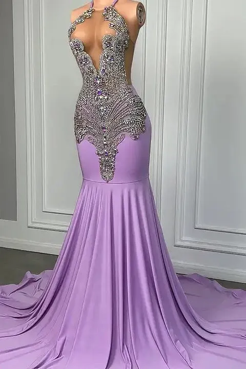 Sleeveless Lilac Satin Bodycon Mermaid Formal Dresses With Beadings