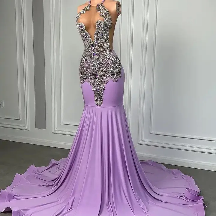 Sleeveless Lilac Satin Bodycon Mermaid Formal Dresses With Beadings