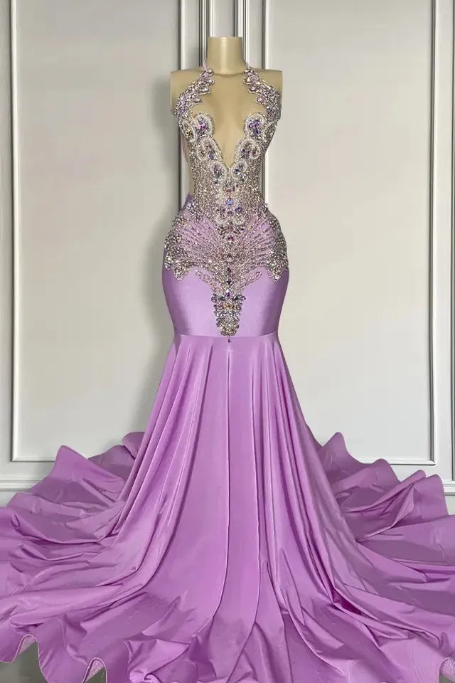 Sleeveless Lilac Satin Bodycon Mermaid Formal Dresses With Beadings