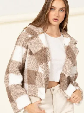 Soft Toffee Collared Fuzzy Plaid Cropped Shacket