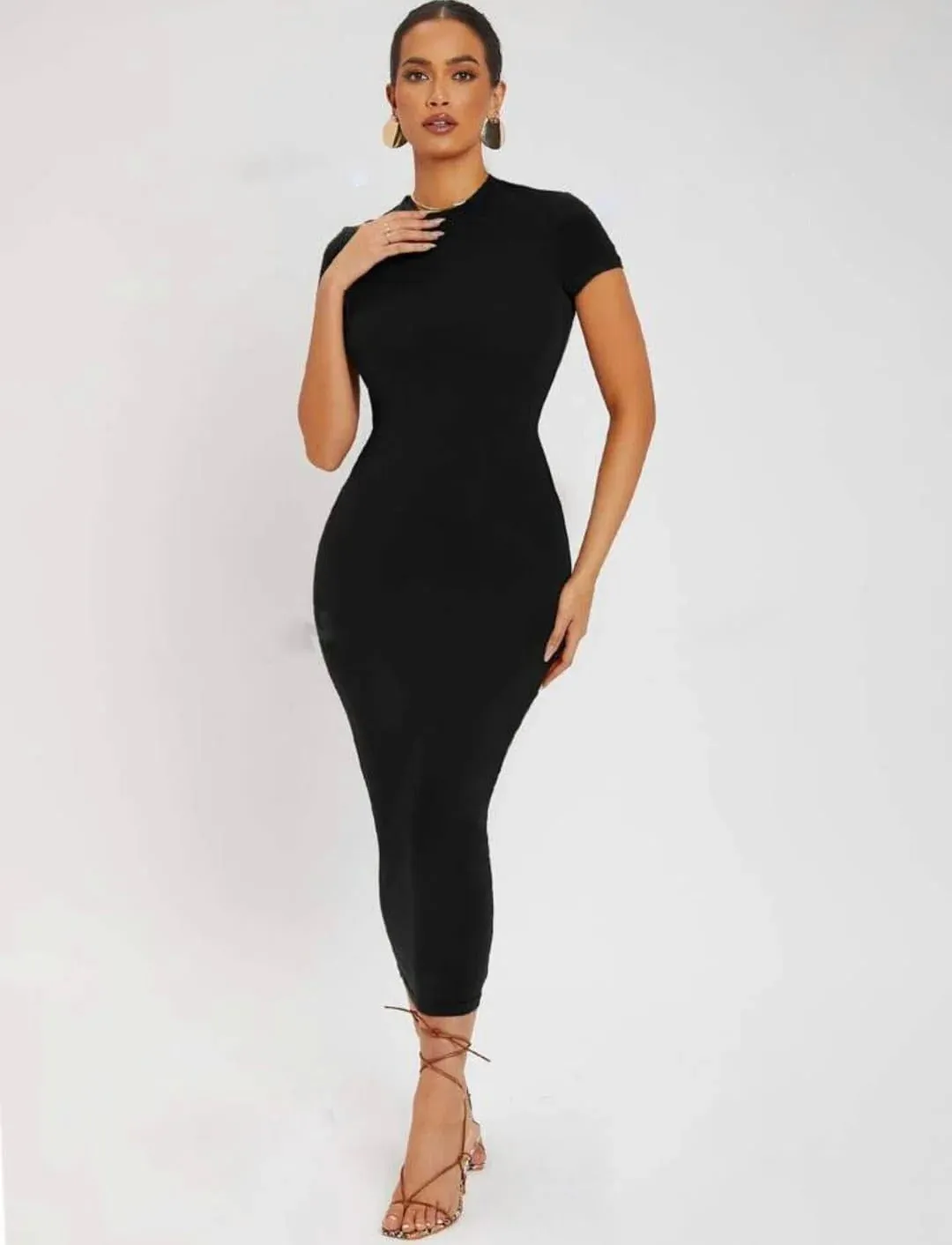 SOLID ROUND NECK BODYCON DRESS